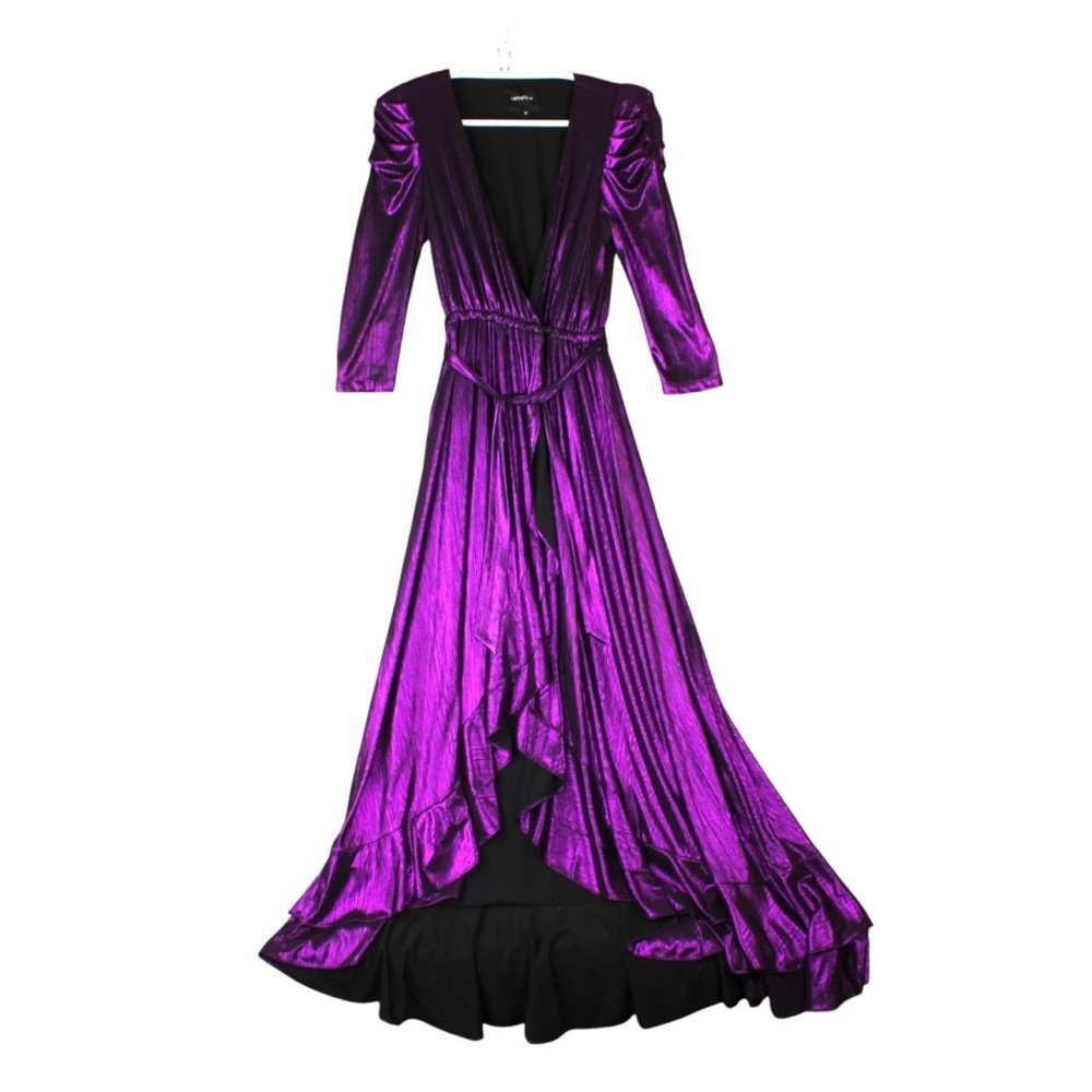Retrofete Flora Maxi Wrap Dress Purple Metallic Size M V Neck Ruffle EUC Party - Picture 2 of 15